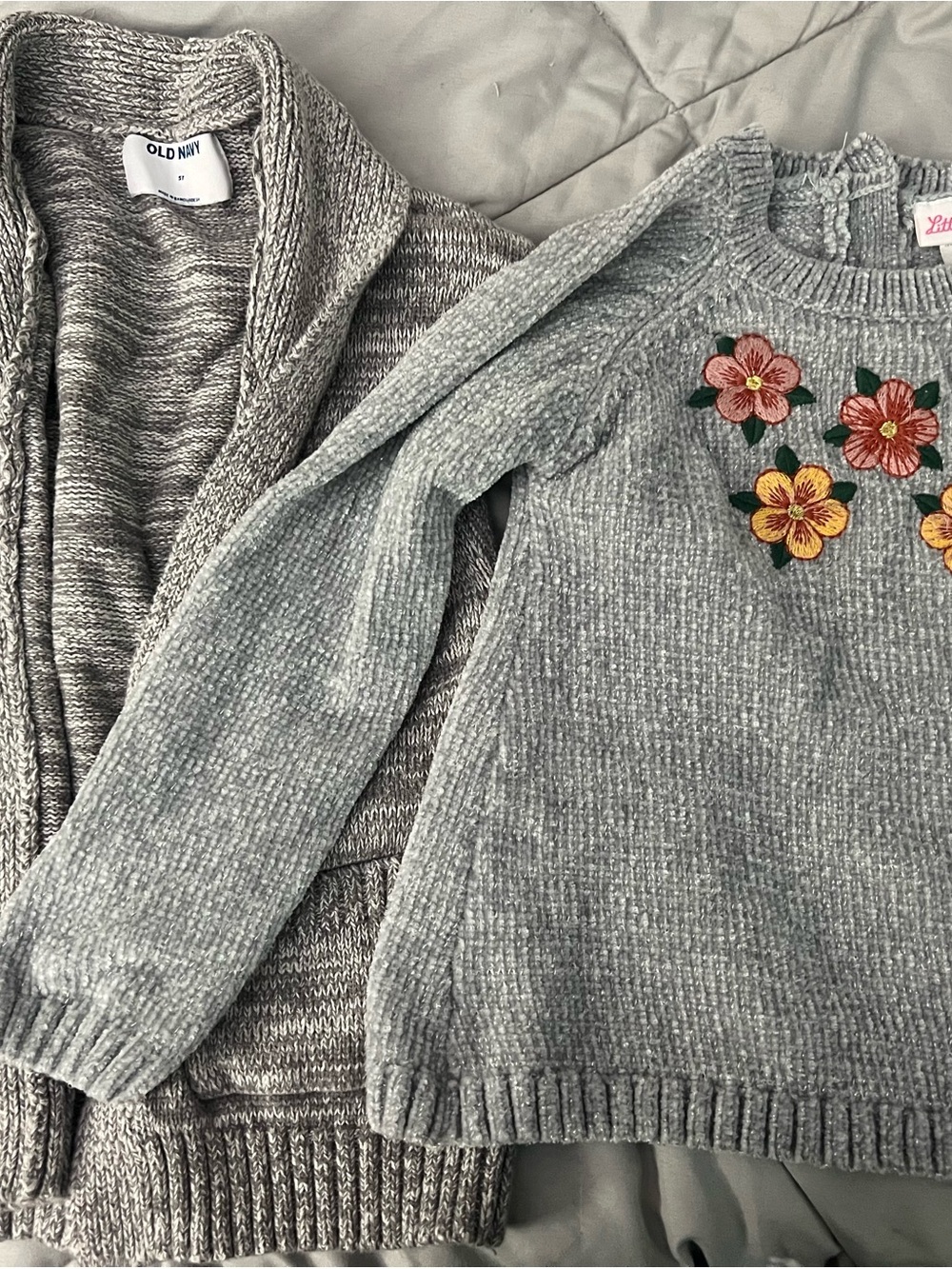Old Navy Gray Chenille Cardigan with Little Lass Floral Appliqué Sweater